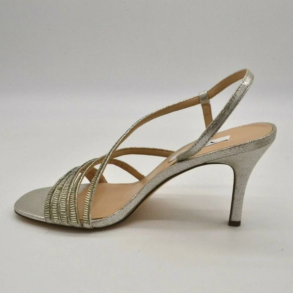 Nina New York Womens Sparkle Strappy Slingback Heels 10 Silver Leather NEW